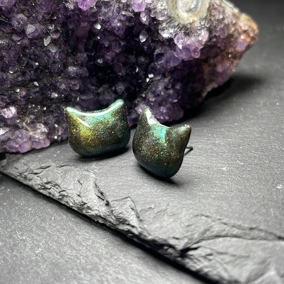 Custom Elegant Green Cat Hand Made Stud Post Earrings - Picture 11 of 11